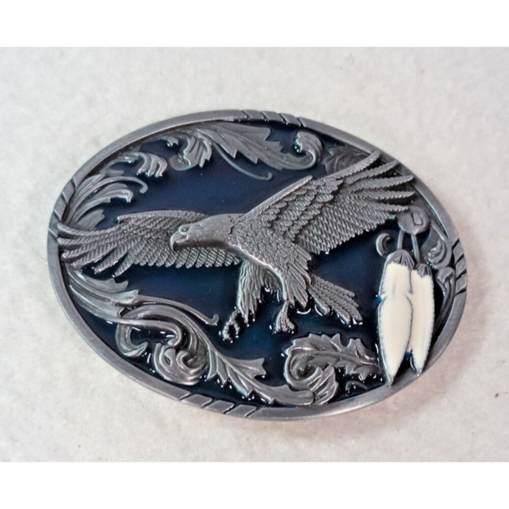 Vintage 90s Flying Eagle Belt Buckle Blue Enamel Western Native Style